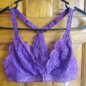 Victoria’s Secret Front Closure Bralette Womens M Purple Lace Racerback Wireless